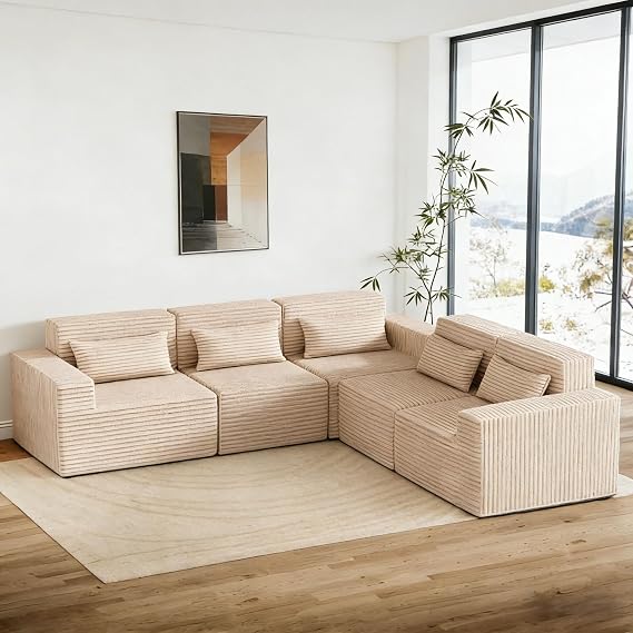 258cm Modular Sofa Boneless Cloud Couch Sectional Couch L Shape Memory Foam Corduroy Sofa Bed Wide Armrest Deep Seat Pillow Bottom Anti-Slip Living Room Bedroom No Assembly Required, Beige, 5 Seater