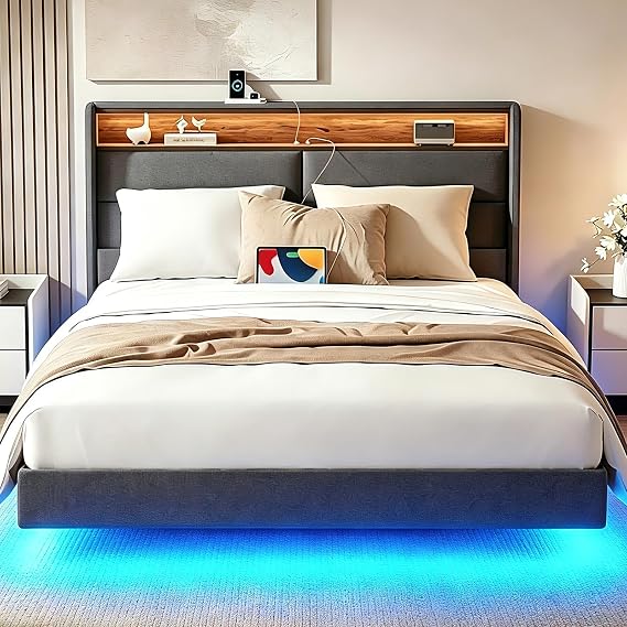 Aptliton Floating King Size Bed Frame with Upholstered Storage Headboard, 5ft King Size Bed with LED Lights and Charging Station, Platform Bed Frame with Storage, 150 × 200 cm