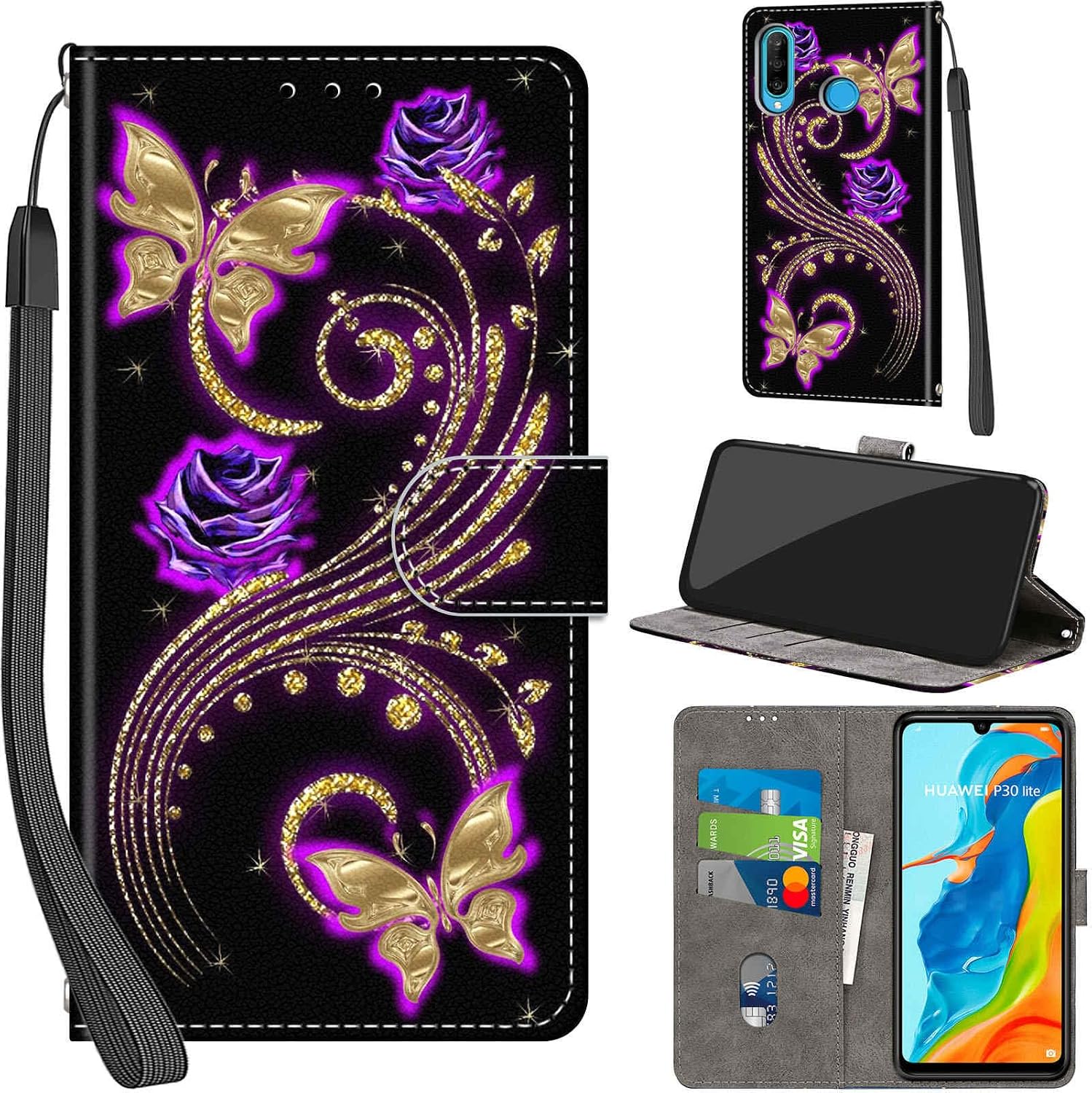 Mobile Phone Case for Huawei P30 Lite Cases Premium Leather Case Foldable Wallet Magnetic Card Slot Stand Function Protective Case Compatible with Huawei P30 Lite Cover Golden Butterfly