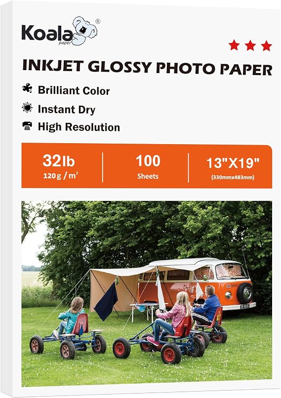 Koala Double Side Thin Glossy Photo Paper 13x19 Inches 120gsm 100 Sheets Compatible with Inkjet Printer and Dye Ink 32LB