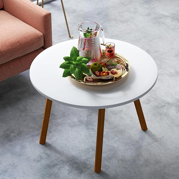 Round Coffee Tables for Living Room, Solid Wood Center Tea Table with Wooden Frame, Modern Coffee Table for Home, Low Dining Table White