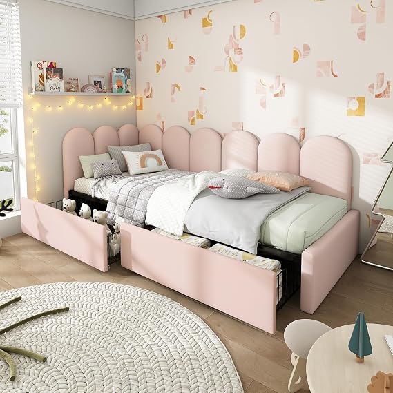 BTM Pink Single Bed Frame, Kids Bed with 2 Drawers,3FT-90x190cm Sofa Bed with Slatted Frame, Pink Velvet(No Mattress)