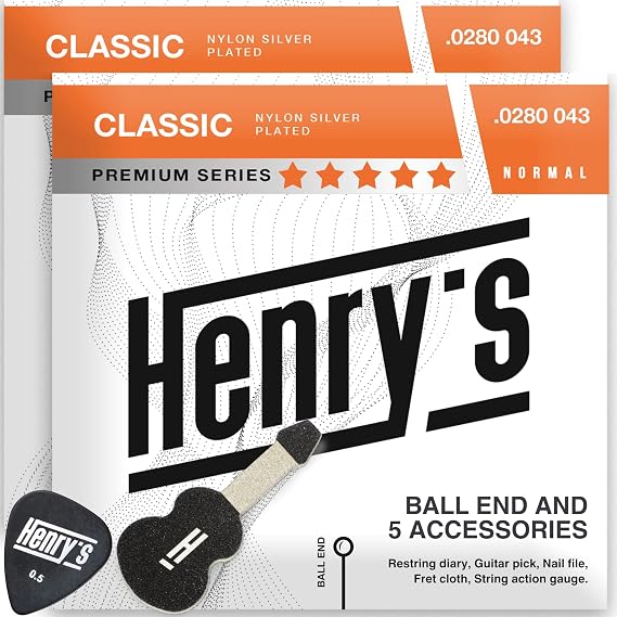 2-Pack Classical Guitar Strings With Ball End - Fast&Easy Restring - 5 Guitar Accessories Inside - Premium Silver Nylon Guitar Strings - Pick & String Action Gauge & Fret Cloth & Nail File