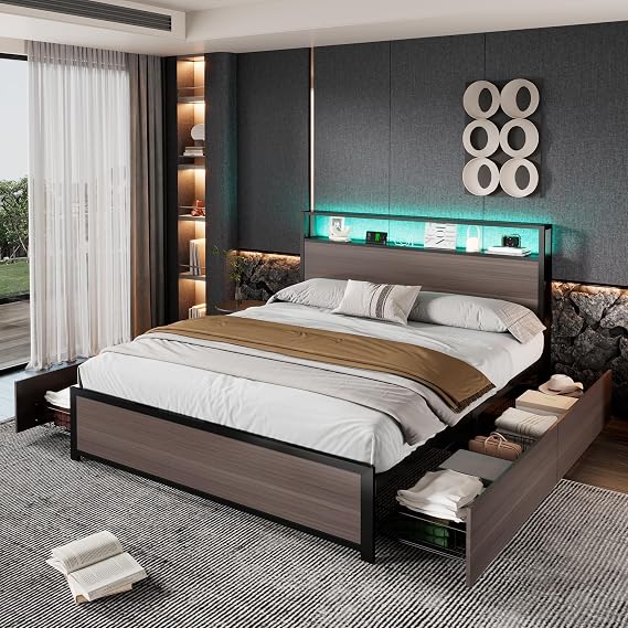 Miyemo Double Bed Frame with Storage Drawers, 4ft6 Metal Bed with LED-Lights and Charging-Ports, Multifunctional Wrought Iron Bed for Adults & Teenagers, 135 * 190cm, Grey, (No Mattress)
