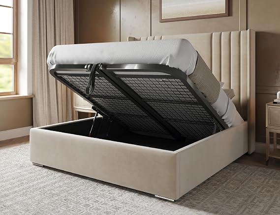 Vida Panel King Size Bed Frame with Storage, Modern Velvet Ottoman King Size Beds with storage, Luxury Frame with Metal Mesh Base & 48" Headboard, Storage Bed in Cream Plush