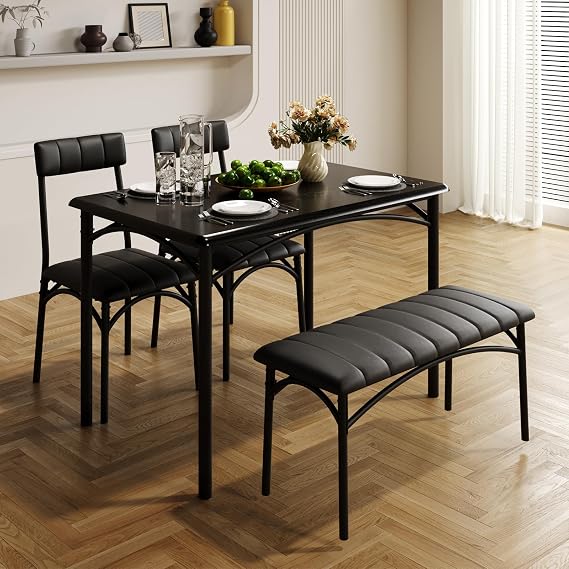 Dining Table Set for 4 with Upholstered Bench and 2 Chairs, Kitchen Table and Chairs for 4, for Small Space, Apartment, Dinner,Rustic Black