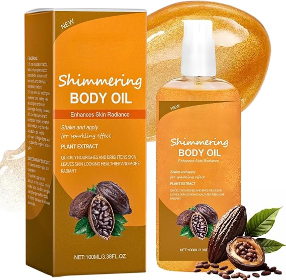 Cocoa Butter Formula Shimmer Body Oil, Radiance Shimmer Oil for Glowing Skin, Gold Body Glitter Oil with Vitamin E for Face & Body, Enhances Dark Tones & Tans, Hydrating, Lightweight, Non-Sticky