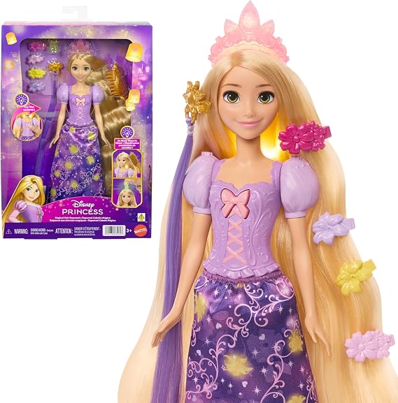 Mattel Işıklı saçlarıyla Disney'nin Karmakarışık filminden ilham alan Mattel Disney Prensesi Rapunzel bebek, 4 parlayan ayrıntı, Pascal figürü ve 7 saç şekillendirme aksesuarı, JHL46