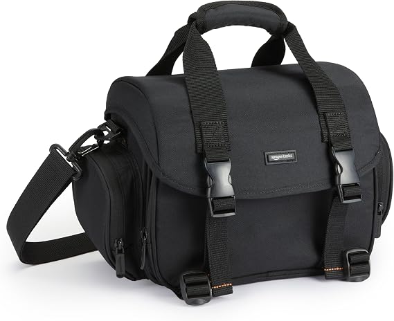 Amazon Basics Shoulder Bag for SLR Camera and Accessories, Large, Adjustable Strap, Waterproof, Shockproof, Solid, Padded - Black/Grey
