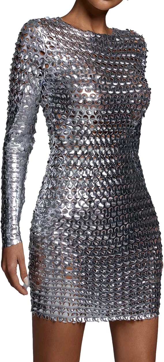 BELLA BARNETT Sexy Mini Dress Party Club Dress for Women Elegant Long Sleeve Hollow Out Glitter Dresses Night Out