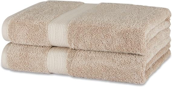 Amazon Basics Organic Cotton Bath Towel Set, Soft and Absorbent Bathroom Towels, Fade Resistant, 76 x 137 cm, Taupe, 2-Pack