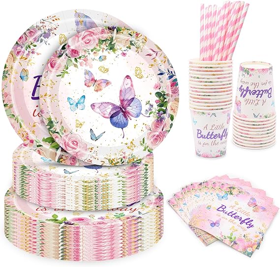 75PCS Butterfly Tableware Set for 15 Guests –Floral Plates, Cups, Napkins & Straws – Girls Birthday Party Decor