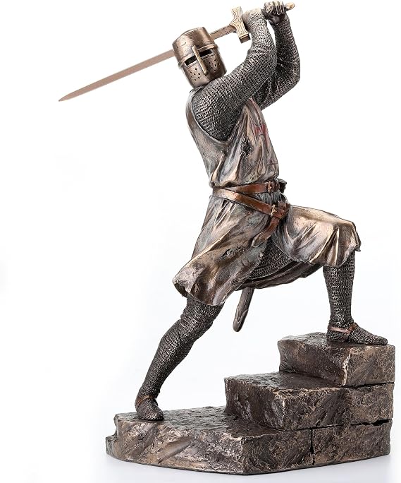 Veronese Design 12 inç Haçlı Tapınak Şövalyesi Wielding Büyük Kılıç Soğuk Döküm Reçine Bronz Kaplama Heykel/Biblo Ev Dekorasyonu