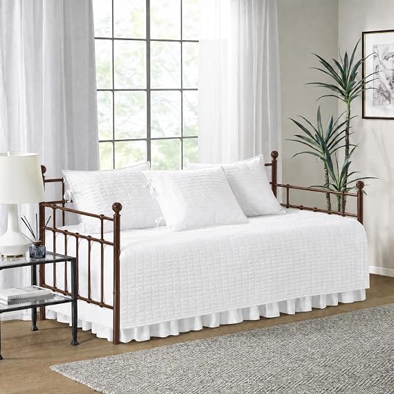 Comfort Spaces Daybed Cover - Luxe Double Sided Quilting, All Season Cozy Bedding with Bedskirt, Matching Shams, Kienna White 75"x39" 5 Piece