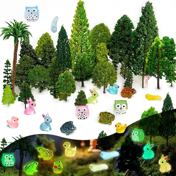 55Pcs Mixed Model Trees, Resin Animals, Luminous Mini Resin Animal Figurines, Diorama Supplies, Miniature Trees, Model Train Scenery with No Bases