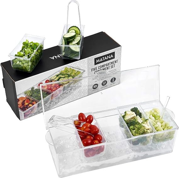 MATANA Condiment Caddy with Lid & Ice Chamber – Chilled Garnish Tray, 5 Compartments + 3 Tongs & 3 Spoons – Clear Condiment Holder/Bar Caddy Toppings Station for Cocktails, Parties & BBQs