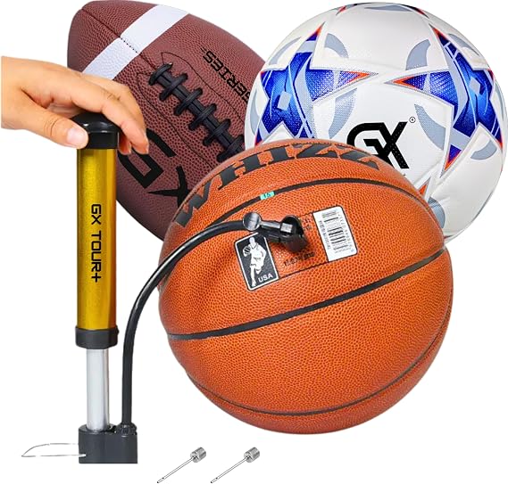 Multi Sport Ball Air Pump. Push and Pull Inflating System. Strong Steel core. Portable Air Pump. Ideal for All Sport's Balls. Easy to use. Durable. Includes 5 Needles, GOLD