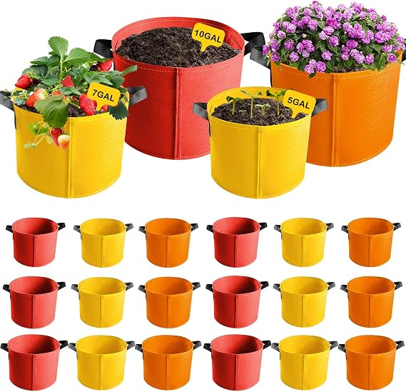 18-Pack 5 Gallon 7 Gallon 10 Gallon Heavy Duty Thickened Nonwoven Fabric Pots Potato Grow Bags with Handles Multicolor Breathable Felt Fabric Plant for Potatoes Vegetables Tomato Carrot Onion