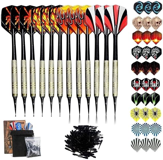 Sinwind 12 Plastic Tip Darts for Electronic Dartboard, Professional Electronic Dartboard Darts + 42 Flights of 14 Patterns + 100 Tips (16g)