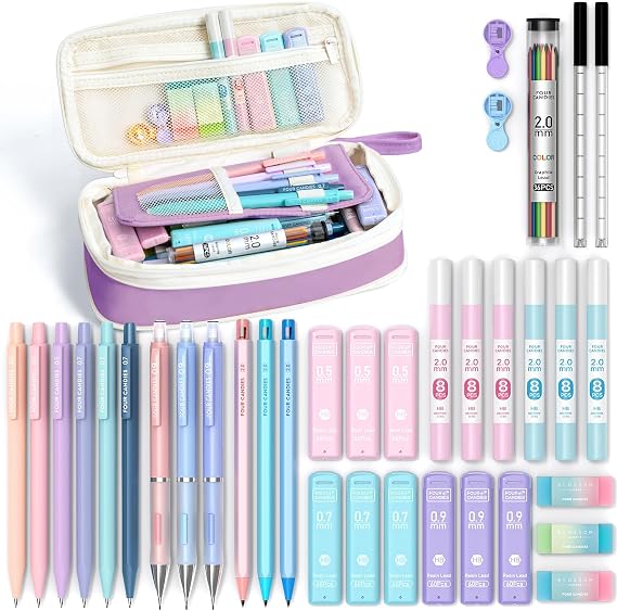 Four Candies 36PCS Aesthetic School Supplies, Mechanical Pencils 0.5mm, 0.7mm, 0.9mm & 2.0mm with 624PCS Lead Refills, Cute Mechanical Pencils for Writing, Drawing & Drafting (Purple)