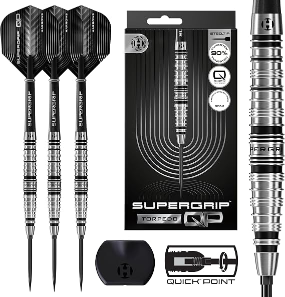 Harrows SuperGrip QP Torpedo 90% Tungsten Darts | Steel Tip Darts Set with Quick Point Change System | 22g, 23g & 24g | Includes Supergrip Shafts & 100 Micron Flights