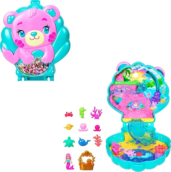 Polly Pocket bebekler ve oyun seti, Işıltılı Ada taşınabilir mini oyun seti, 1 mikro deniz kızı bebek, okyanus canlıları ve temaya uygun aksesuarlar, JCB16