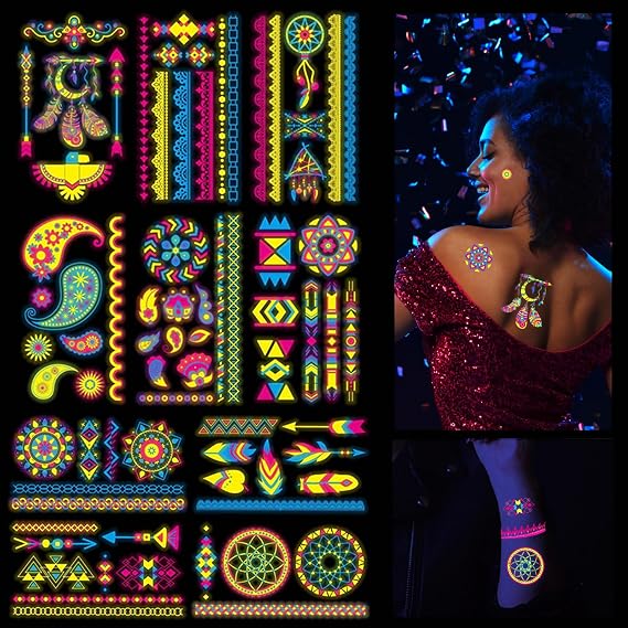 10 Sheets Neon Temporary Tattoo Stickers, Glow UV Neon Body Face Skin Tattoo, Temporary Tattoos Glow in The Dark for Adult Women Girls Teens Rave Party Supplies