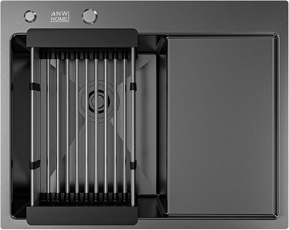 ANW HOME Spülbecken Küche 1 Becken 63x50 cm Graphit PVD Einbau Mit Abtropffläche Nano-Beschichtung Stärke 3+1 mm Mit Siphon