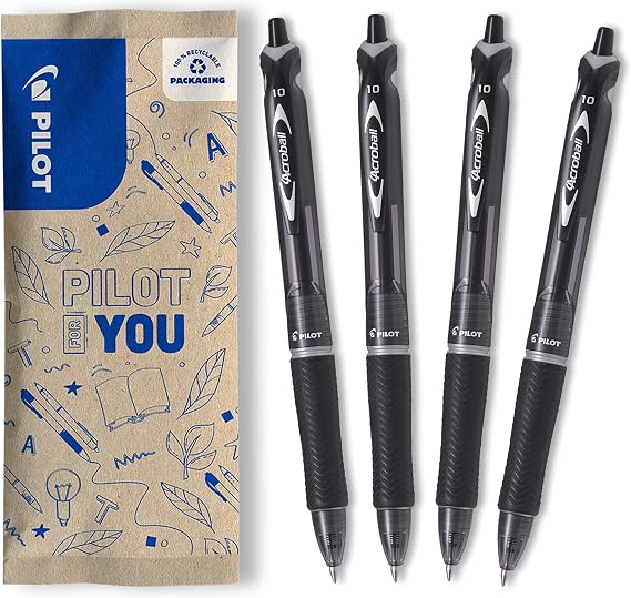 PILOT - Acroball Retractable Ballpoint Pen 1.0mm - Black Ink - Pack of 4
