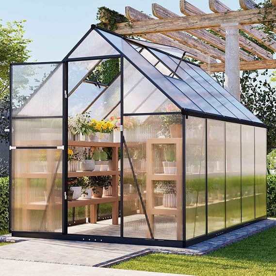 BIRCHTREE 6X10FT Walk-In Greenhouse Outdoor, Polycarbonate Green House Aluminium Frame, Integrated Rain Gutters, Rainproof Snow&Frost Protection for Garden Plants Steeple Plastic Grow House Dark Grey
