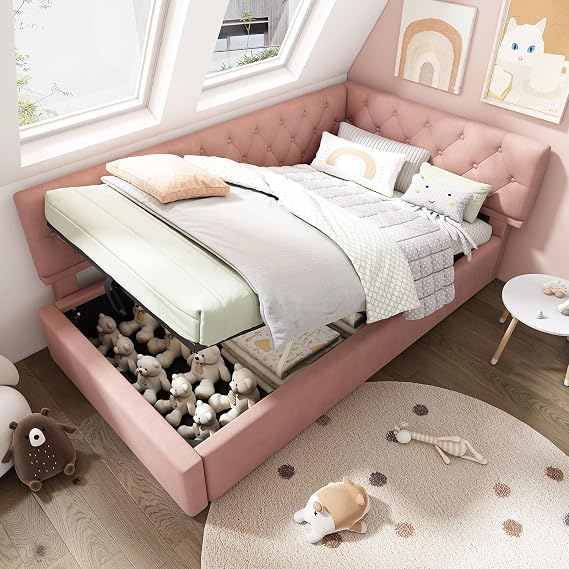 3ft Single Upholstered Bed with Hydraulic Storage, Sofa Bed with Storage, Velvet, Pink, 90 x 190 cm (No Mattress)