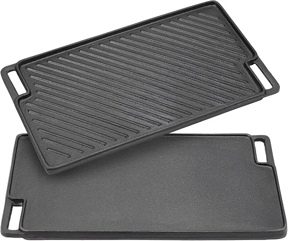Warmiehomy Cast Iron Griddle Pan,Double-Sided Non-Stick Pre-Seasoned Cast Iron Skillet BBQ Grill Pan for Gas Electric and Oven Safe,46x25cm Rectangular