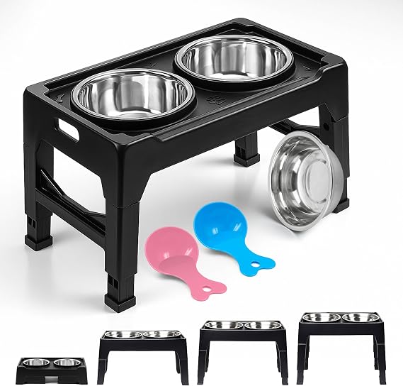 Raised Dog Bowl for Small Medium Large Dogs, Height-Adjustable Elevated Dog bowls with 2x Stainless Steel Bowls with 2x Spoons, Dog Feeding Station, Foldable Dog Food and Water Bowl Set