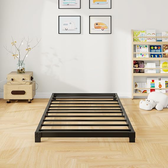 8cm Low 3ft Single Bed frame, Metal Bed 90x190 cm, Single Size Heavy Duty Metal Platform Bed Frame with Steel Slat Support, No Box Spring Needed,Easy Assembly, Noise Free, Black