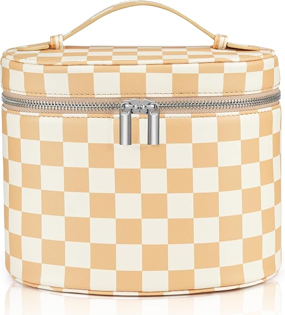 Vanity Makeup Case, Beige and White, 8×6×6.5 inches, Clear Makeup Bag