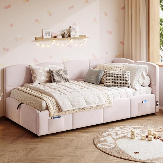 Merax 3FT Upholstered Single Sofa Bed Daybed with Slatted Frame, Hydraulic Storage and USB Charging Port, Velvet Children’s Ottoman Bed, 90 x 190 cm, Pink (Mattress Not Included)