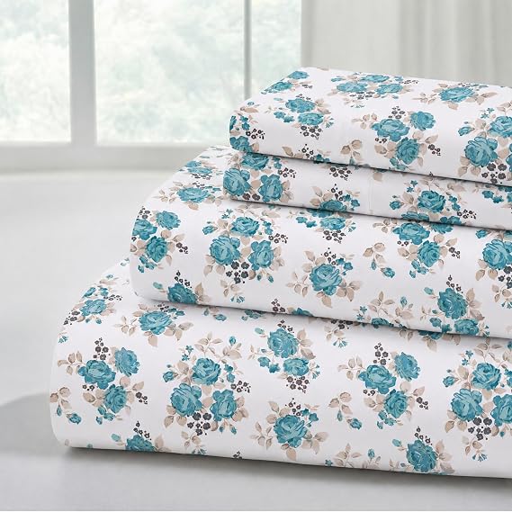 Modern Threads Soft Microfiber Printed Sheets - Luxurious Microfiber Bed Sheets - Includes Flat Sheet, Fitted Sheet with Deep Pockets, Pillowcases Forever Roses Queen
