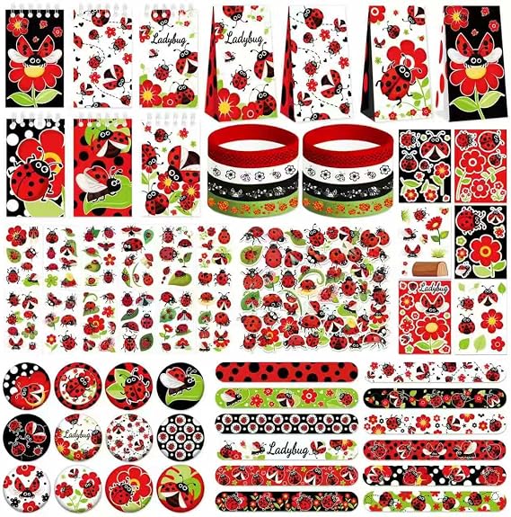 Ladybug Party Favors, 12 Goodie Bags, 12 Mini Notepads, 12 Rubber Bracelets, 50 Stickers, 12 Assemble Stickers, 12 Button Badges, 12 Slap Bracelets for Ladybug Themed Party Supplies, 122PCS ﻿