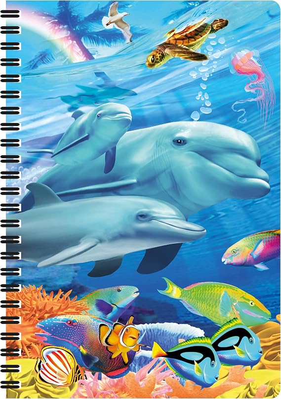 3D LiveLife A5 Notebook - Dolphin Family from Deluxebase. Spiral Bound Lined Notebook with 80 Recycled Pages, 3D Dolphin Art Notebooks for Work, Gifts and School Supplies, (21 x 14.5 cm).