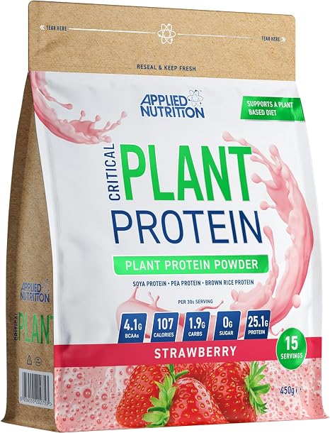 Applied Nutrition Critical Plant Protein Powder - Vegan Protein Powder with Soy Peas and Rice Proteins & Essential Amino Acids (450 g Strawberry)