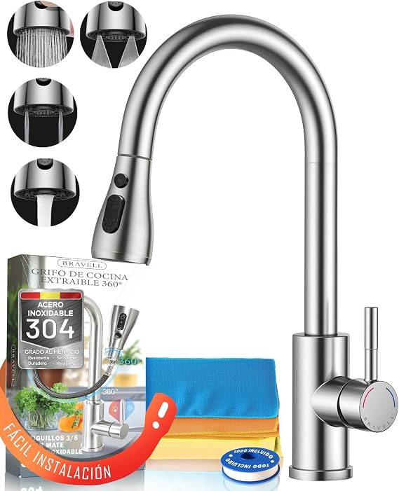 BRAVELL Removable Kitchen Tap, Kitchen Sink Tap with 4 Modes Rotatable 360° Torneira Cozinha Single Handle, Matte Stainless Steel, 3/8 Hoses, Easy and Complete Installation (Matte Steel 304 Stainless