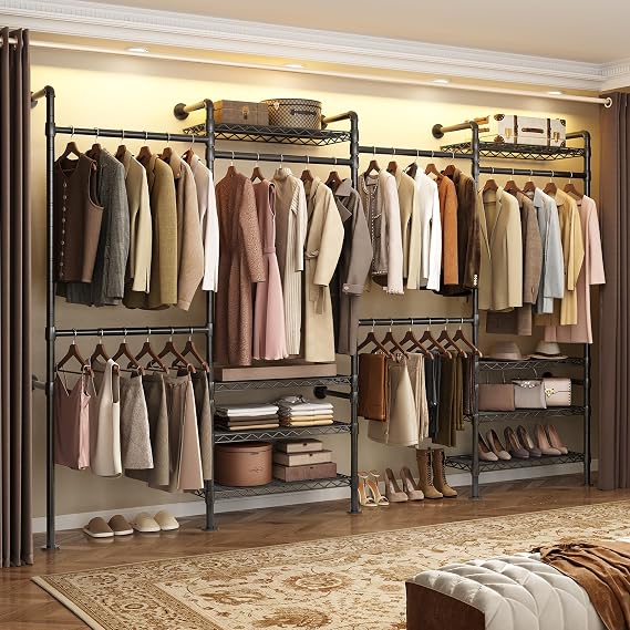 ComfyCorner Wall Mounted Clothes Rack, Industrial Pipe Metal Clothes Rack with 6 Hanging Rods (4 Expandable) and 8 Shelves Closet Organizer and Storage System for Bedroom