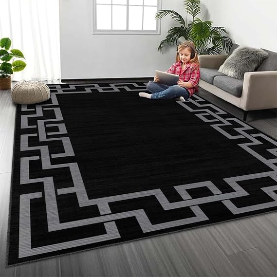 MOONLIGHT20015 Rugs Living Room 120 x 170 cm - Greek Key Style Black Area Rugs for Bedroom Dining Room – Non Slip Large Bedside Rug Printed Carpet for Lounge, Nico Black
