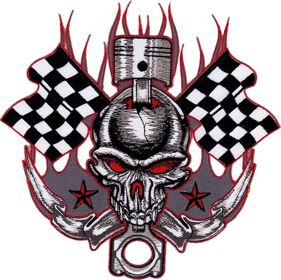 Large Skull Biker Back Patch - 8 x 8 Inch - Embroidered Patch Back Patch Piston Black White Checked Flag Back Patch for Motorcycle Jackets Leather Vests - Embroidery