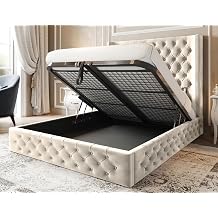 Elysia Wingback Superking Ottoman Bed with Mattress, Luxury 6ft Beds & Mattresses with Gas Lift Storage, Modern Panelled Super King Bed Frame with Mattress and Hidden Storage Base in Cream Plush