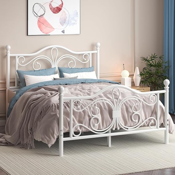 Bett 160x200 mit Schmetterlingsmuster Kopf und Fußteil Metallbett Weiß