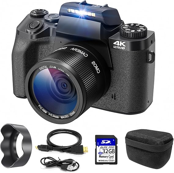 4K Digital Camera, CCN 64MP Photo Camera with 3.0" Touchscreen, 16X Digital Zoom Compact Camera with WiFi Function, with Camera Bag, Hood, 32GB TF Card, Black