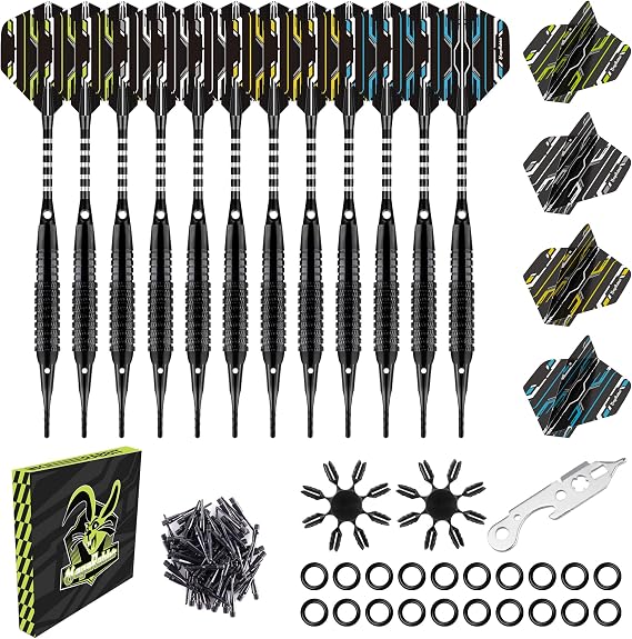 Darts Plastic Tip 12pcs 18g with 16pcs Flight -Soft Tips Darts with 50 Extra Dart Tip 16 Flight Protectors and 1pcs Wrench for Electronic Dart Board