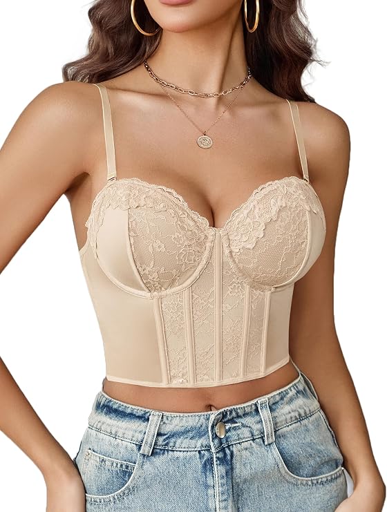 Avidlove ビスチェ トップス 女性用 Vネック レース ブラレット アンダーワイヤー入り セクシー コルセット コンサート クロップトップ