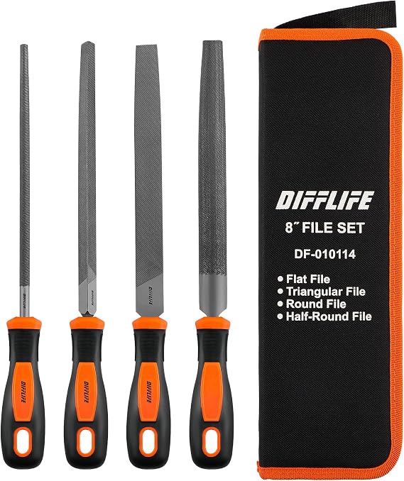 8'' File Handles Needle File Set (Carbon Steel 4 Piece-Set) , Hardened Alloy Strength Steel - Set Includes Flat,Triangular, Round, and Half-Round File (4-Piece)